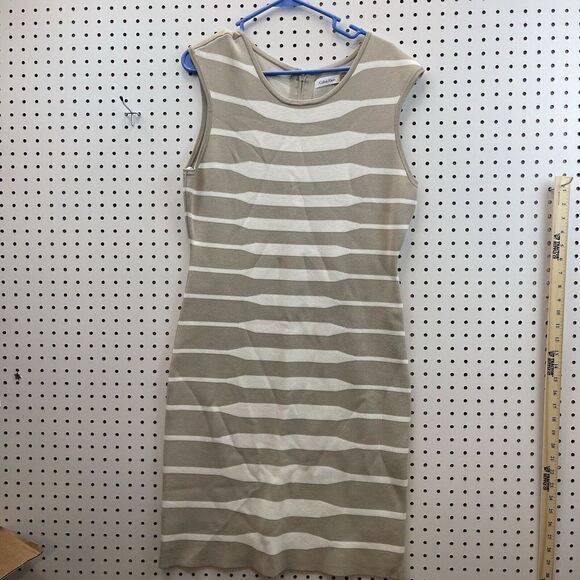 Calvin Klein Dresses & Skirts - Calvin Klein Dress White/Tan Midi Striped Sz L Classy Great Quality Staple